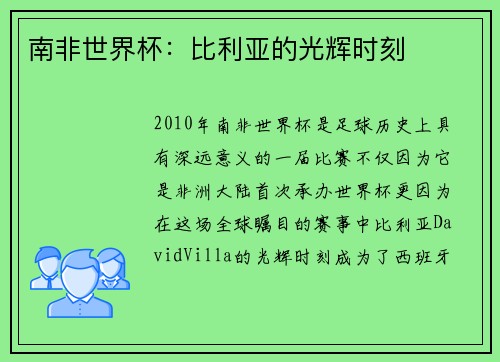 南非世界杯：比利亚的光辉时刻