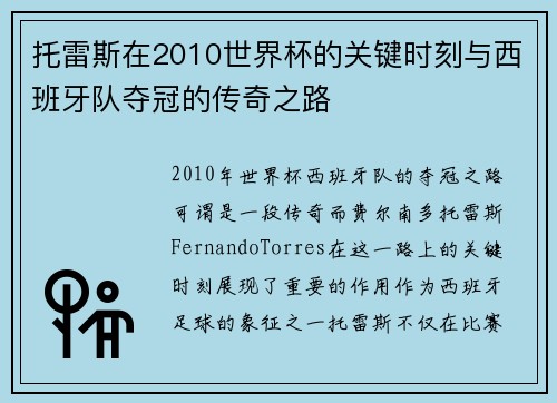 托雷斯在2010世界杯的关键时刻与西班牙队夺冠的传奇之路